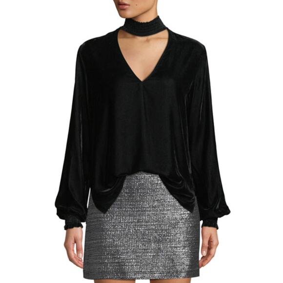 BAILEY 44 Black Velvet Choker V-Neckline Balloon Sleeve Blouse Top Shirt Size S - Picture 1 of 10